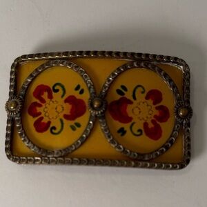 VINTAGE Cloisonné And Brass Color Belt Buckle With Enamel Flowers Beautiful